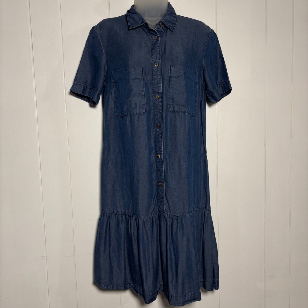 Reserved Denim Chambray Blue Short Sleeve Ruffle Hem Shirt Dress Sz 4 Small UK 8